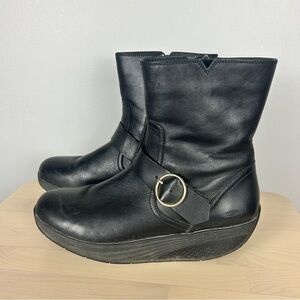 MBT Magee Black Nappa Mid Thigh Leather Boots 8/39 Moto Rocker Platform Soles